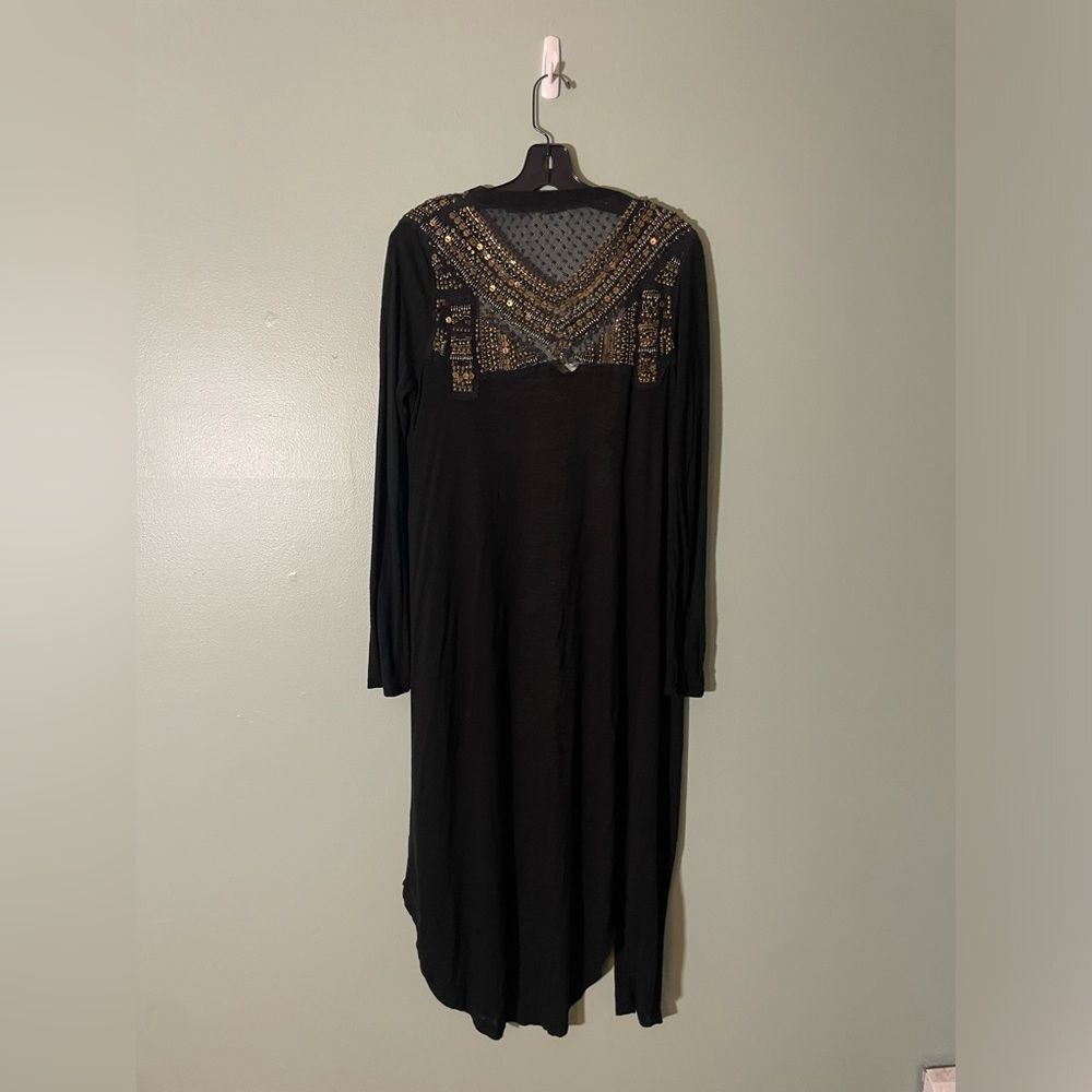 Ecote Grey Gold Boho Beaded Long Sleeve Duster Cardigan SZ S